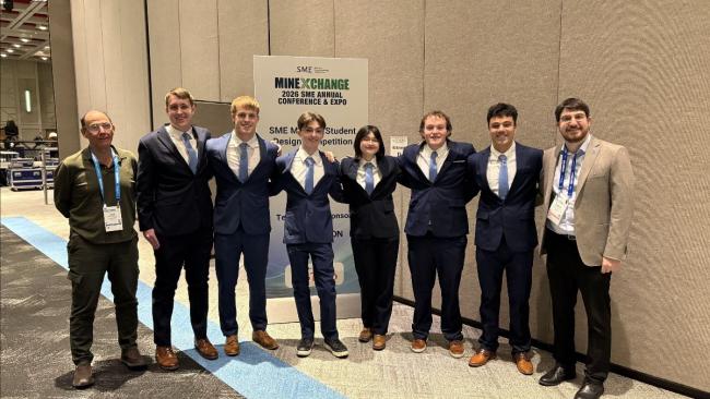 Pictured are Dr. Agioutantis, Josh Donahue, Cade Spurlock, Julian Brown, Jess Burr, Gable Rath, Jesse Zaragoza, and Dr. Roghanchi.
